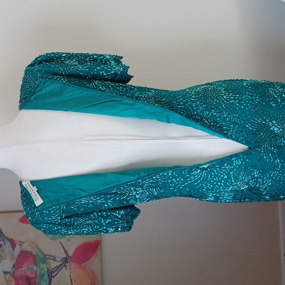 Vintage Sequin dress round neck short sleeve mini silk teal green size 6-8 - Picture 10 of 13